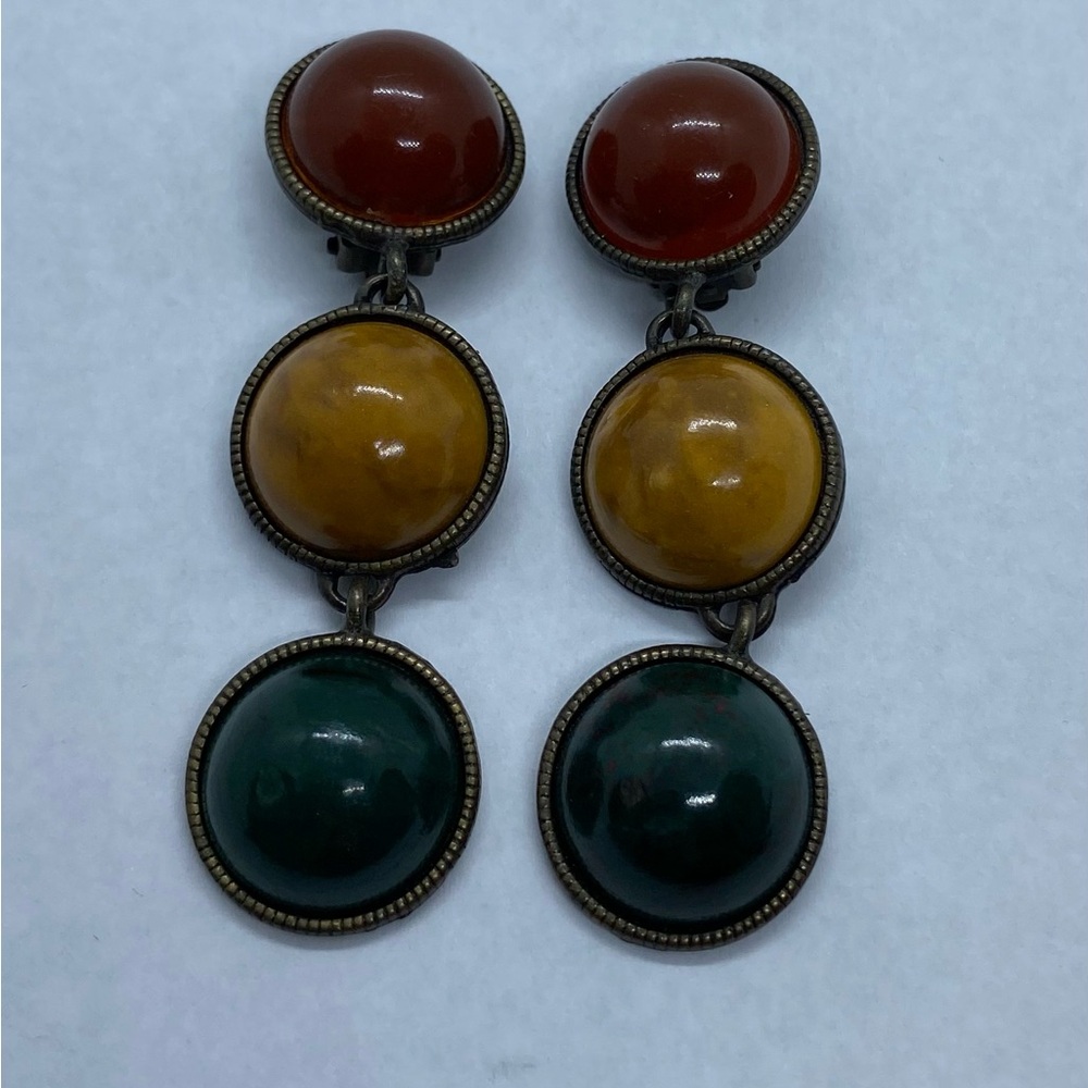 Vintage Multicolor Triple Round Lucite Drop Clip On Earrings